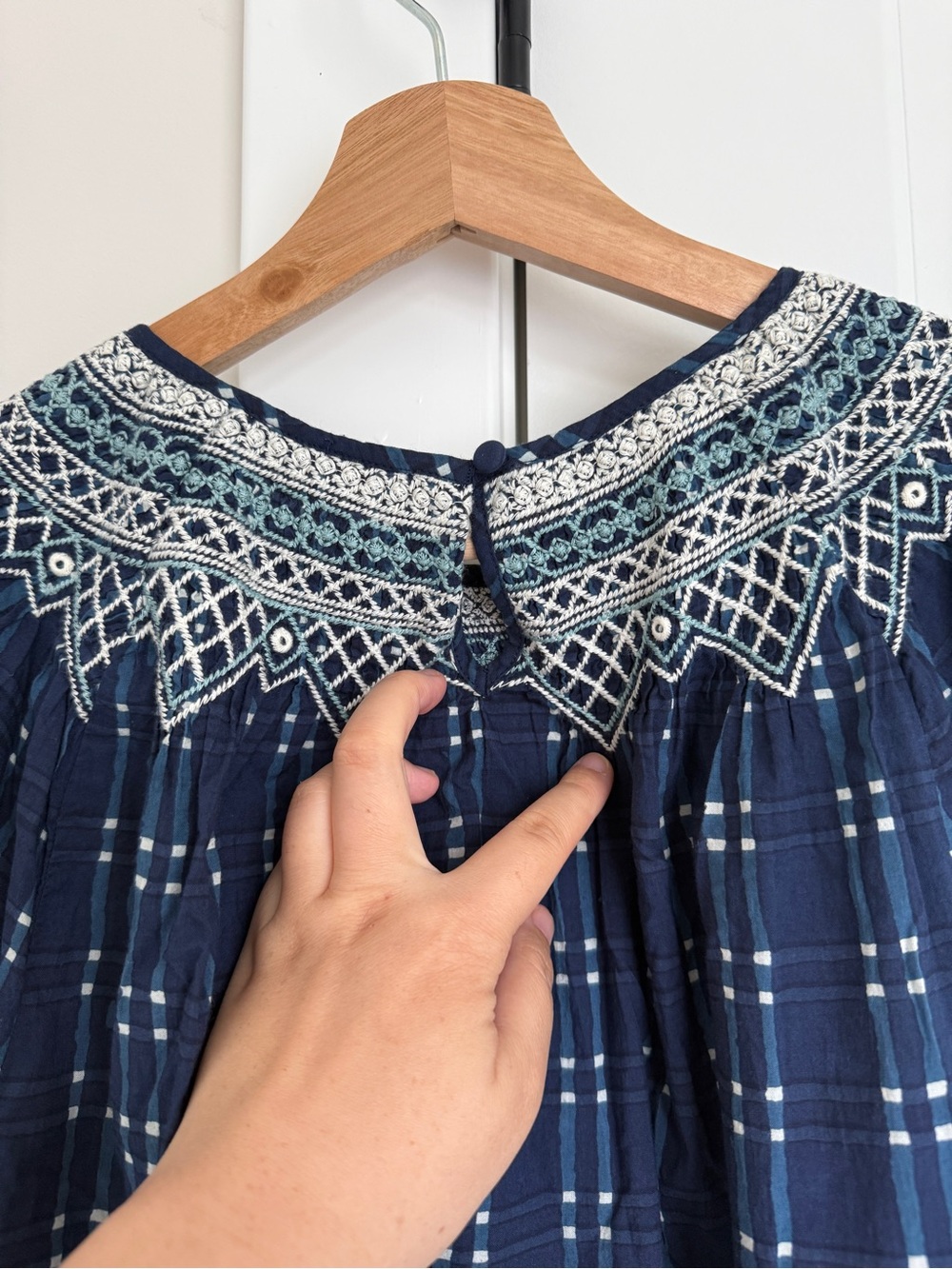 Madewell Embroidered Puff-Sleeve Babydoll Dress in Indigo Plaid - Picture 9 of 9